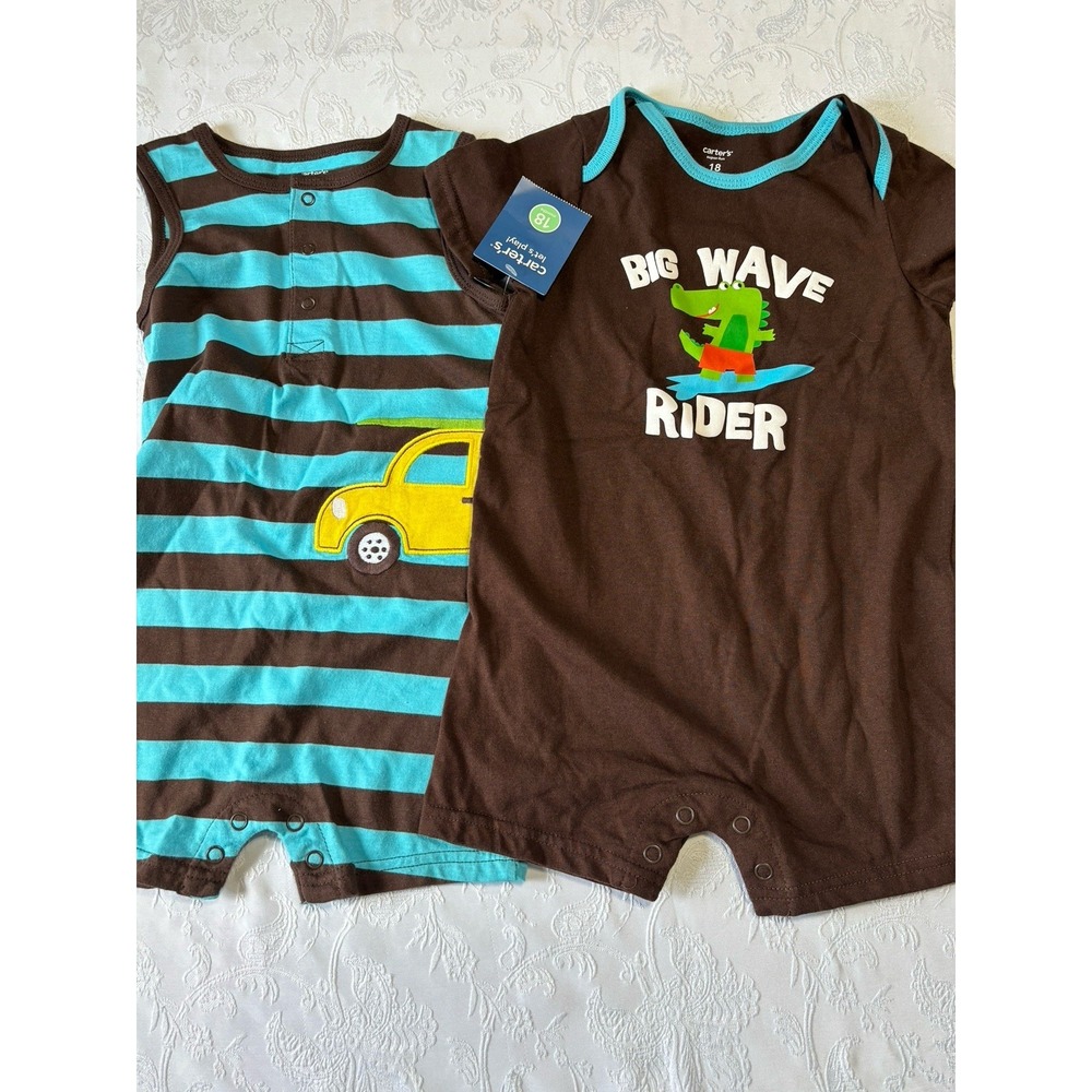 Carters Baby Boys 2 Pack Romper Set 18 Months Brown‎ Blue Stripes Alligator NWT